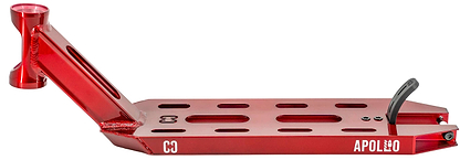 The CORE Apollo Red Stunt Scooter Deck - 5" features a durable red design with multiple cutouts, a headtube for handlebars, rear brake mount, and "APOLLO" branding near the back wheel.