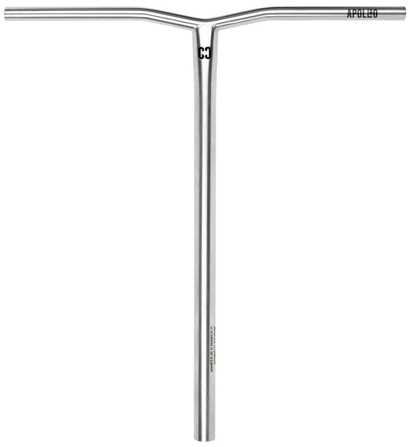 A raw titanium scooter handlebar with a T-shaped design, inspired by CORE bars, featuring “CORE” branding near the end of the right handle. Model: Apollo HIC Oversized Stunt Scooter Bars (630mm x 610mm).