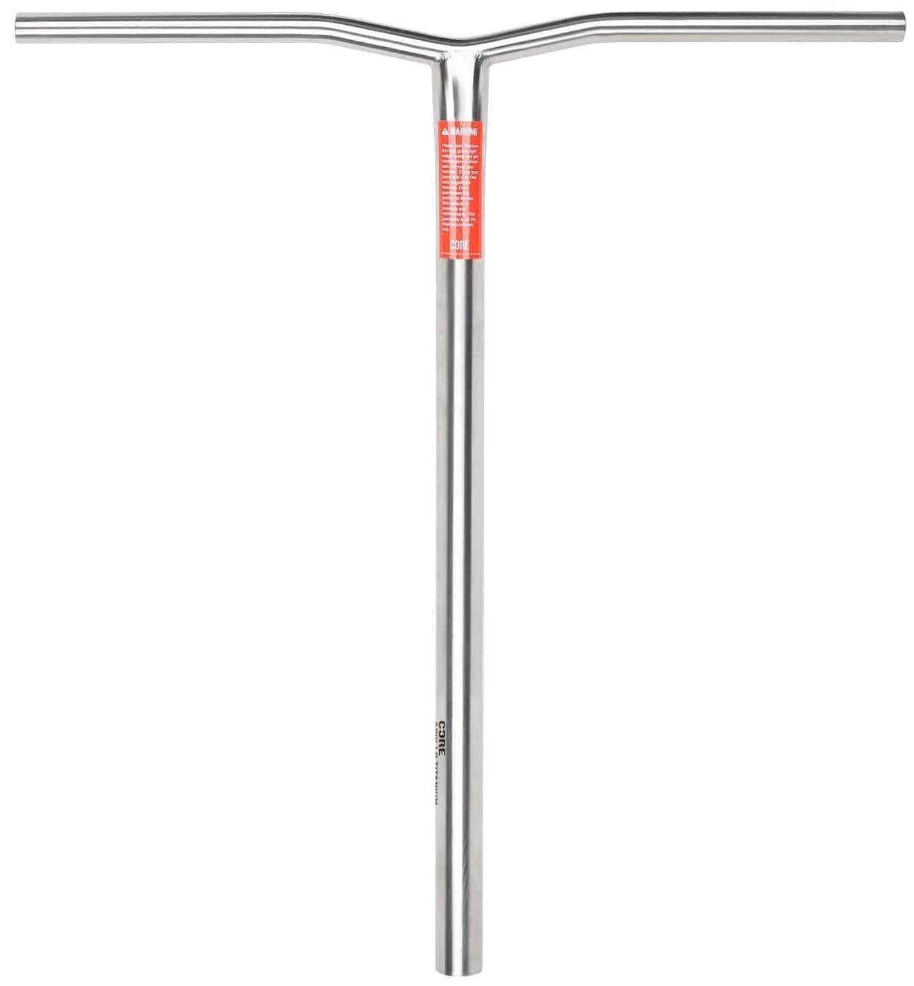 The CORE Apollo Titanium HIC Oversized Stunt Scooter Bars in raw silver feature a T-shaped lightweight design (630mm x 610mm), with a red label and white text near the center, plus a small black logo below. Plain white background.
