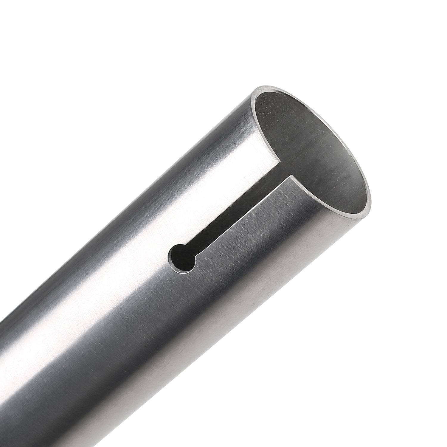 A close-up of the CORE Apollo Titanium HIC Oversized Stunt Scooter Bars (Raw, 630mm x 610mm) shows a smooth, reflective, cylindrical metal tube with a long slot and round hole at one end, highlighting its hollow interior.