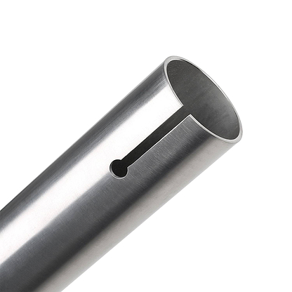 A close-up of the CORE Apollo Titanium HIC Oversized Stunt Scooter Bars (Raw, 630mm x 610mm) shows a smooth, reflective, cylindrical metal tube with a long slot and round hole at one end, highlighting its hollow interior.