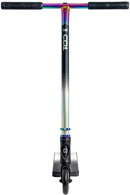 Front view of the CORE CD1 Complete Stunt Scooter by CORE, perfect for beginners, featuring black handlebars, a neochrome stem with "CORE" branding, a black deck, and a single centered front wheel.