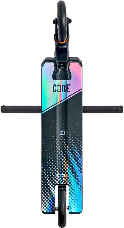 Top view of the CORE CD1 Complete Stunt Scooter by CORE, featuring a neochrome deck with "CORE" branding, black horizontal handlebars, and black wheels—ideal as a beginner stunt scooter for new riders.