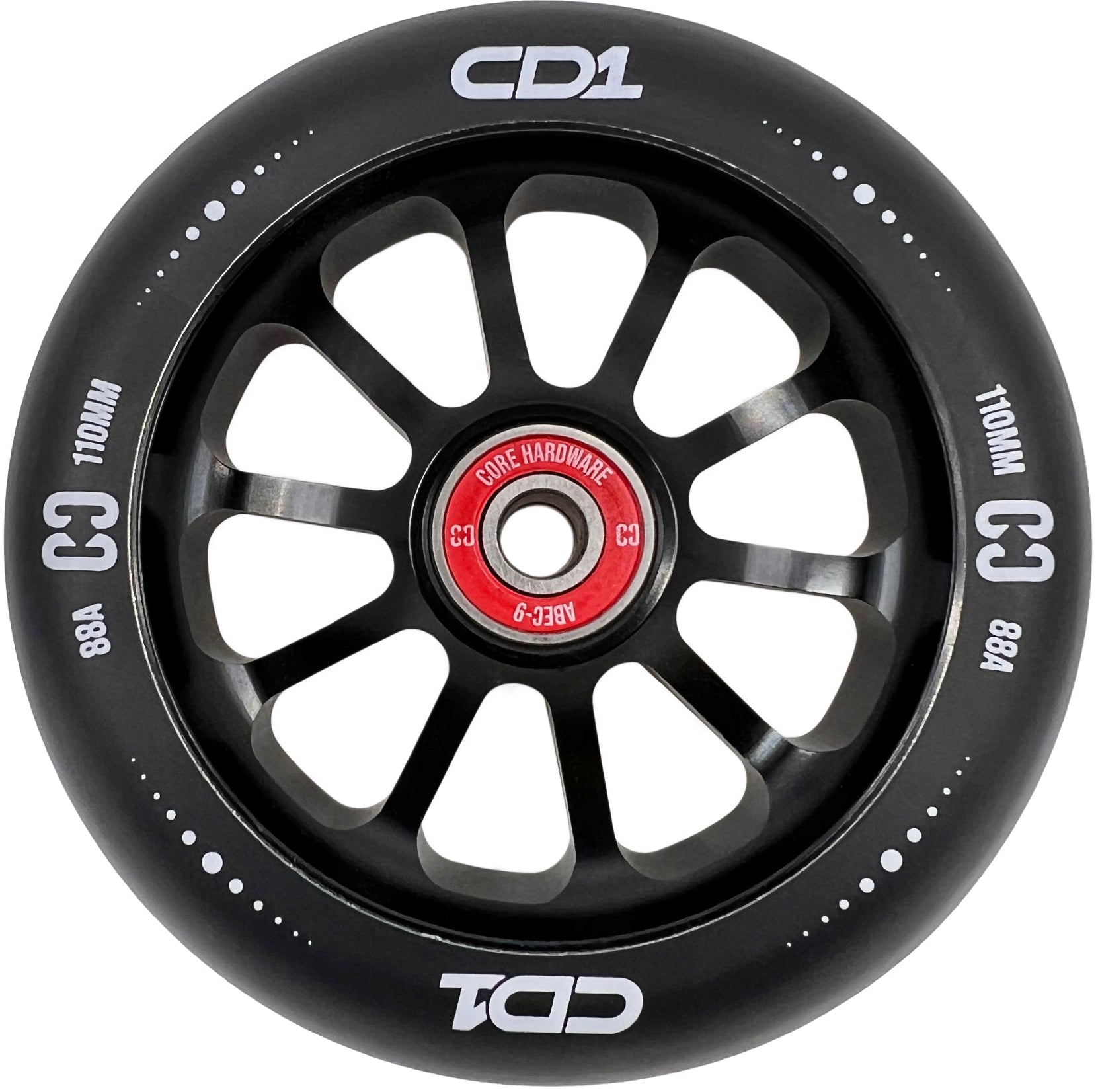 The CORE CD1 110mm Stunt Scooter Wheel - Black features a black and silver finish, red core, white "CD1" and "CORE HARDWARE" text, and multiple spokes—an eye-catching design from CORE.