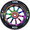 A close-up of the CORE CD1 110mm Stunt Scooter Wheel in Black/Neochrome with black rubber, bold white rim text, and a red "CORE HARDWARE" bearing at the center.