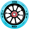 A close-up of the CORE CD1 110mm Stunt Scooter Wheel by CORE, featuring a blue outer tire, black core with "88A" hardness, and a red Core Hardware ABEC-9 bearing.