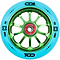 The CORE CD1 110mm Stunt Scooter Wheel by CORE features a green metal core with ten spokes, a red "Core Hardware" bearing, and a blue tire with "CD1," "C3," "88A," and "110MM" labeled in black on the rim.