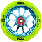 A close-up of the CORE CD1 110mm Stunt Scooter Wheel in Lime/Blue, featuring “CD1”, “110 mm”, and “88A” in black on the tire and “Core Hardware” on the red hub. This hollowcore wheel has ten blue spokes.