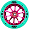 The CORE CD1 110mm Stunt Scooter Wheel - Teal / Pink features a metallic pink multi-spoke hub and teal rubber with “CD1,” “C3,” “88A,” and “110MM” in black. The bearing is visible at the center. Brand: CORE.