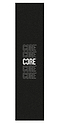 On a black backdrop, the text "CORE" is displayed five times vertically in bold white capital letters with differing thickness and transparency, reminiscent of visually striking graphics akin to those on the CORE Stunt Scooter Griptape - Echo.
