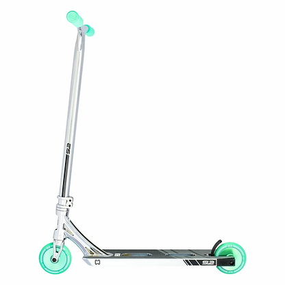 Introducing the CORE SL2 Complete Stunt Scooter in Chrome and Teal. This stylish scooter features teal green wheels and grips, complemented by its streamlined chrome design. Positioned sideways, it highlights a flat deck and a straight handlebar, making it the ideal lightweight and durable choice for executing thrilling tricks and turns.