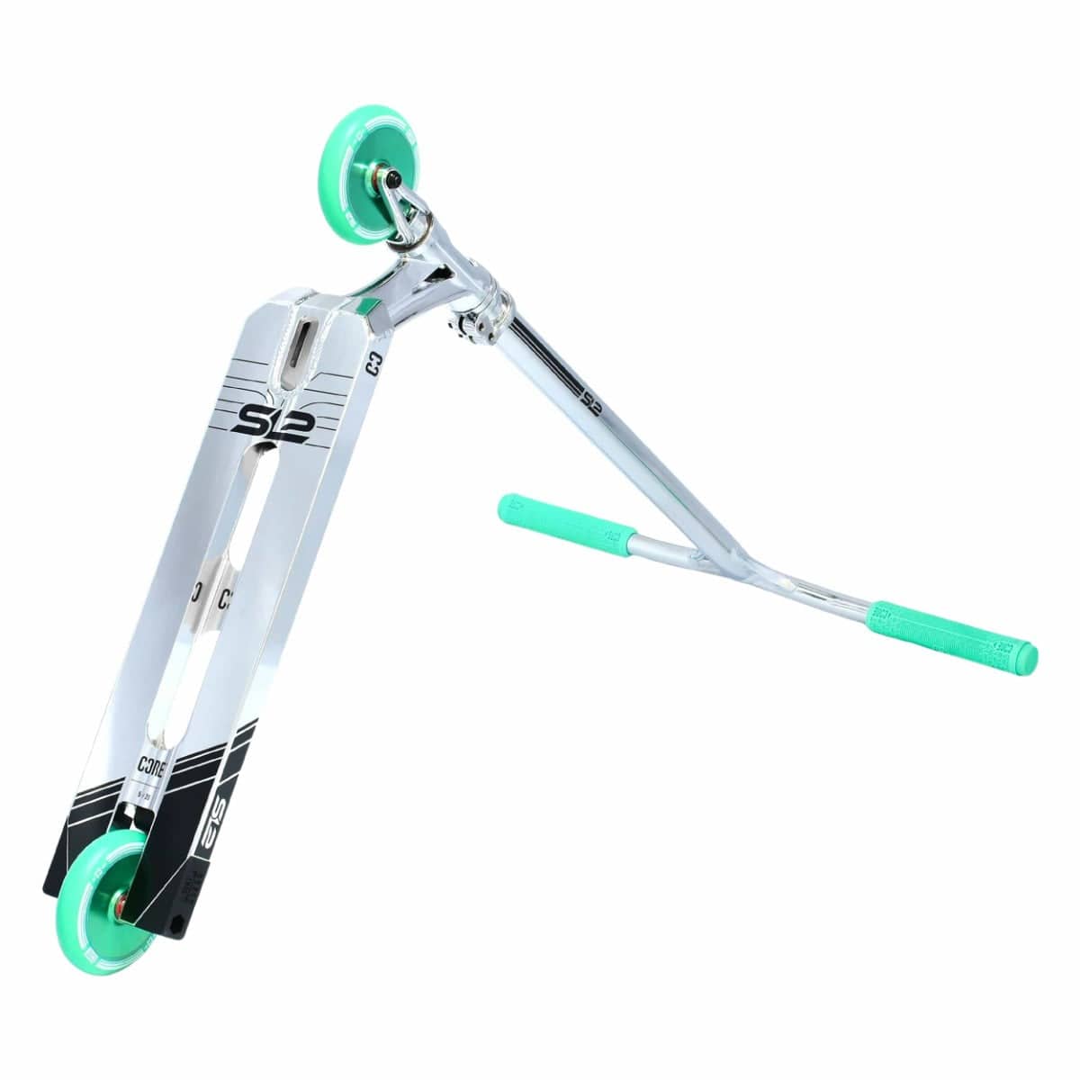 Presenting the CORE SL2 Complete Stunt Scooter in Chrome/Teal by CORE, featuring a silver design with teal grips and wheels, angled for style. The deck showcases black stripes along with a logo, boasting a sleek metallic finish that combines lightweight construction with durability—ideal for performing tricks and stunts.