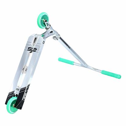 Presenting the CORE SL2 Complete Stunt Scooter in Chrome/Teal by CORE, featuring a silver design with teal grips and wheels, angled for style. The deck showcases black stripes along with a logo, boasting a sleek metallic finish that combines lightweight construction with durability—ideal for performing tricks and stunts.