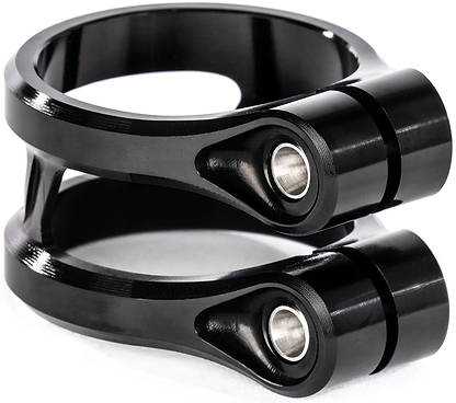 Close-up of the Ethic DTC Sylphe V2 2 Bolt Oversized Stunt Scooter Clamp in black—crafted from metal with a sleek finish and robust, modern design by Ethic.