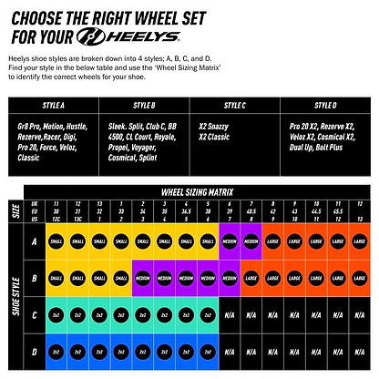 Heelys wheel selection chart for Heelys Kama Colour Changing Girls Shoes - White / Lilac / Blue shows four styles (A-D) and matches shoe sizes 1-13 to wheel sizes 2x2, 2x1, 1X, MEDIUM, and LARGE.