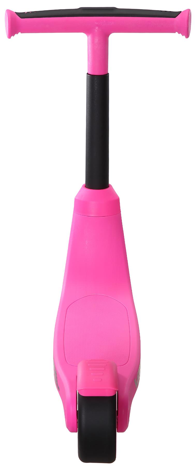 The Vital First Kids Scooter in pink/black by Vital is shown from the front, featuring a wide black handlebar and a single black front wheel.