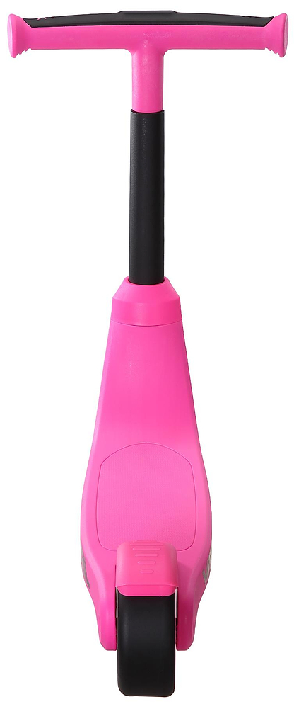 The Vital First Kids Scooter in pink/black by Vital is shown from the front, featuring a wide black handlebar and a single black front wheel.