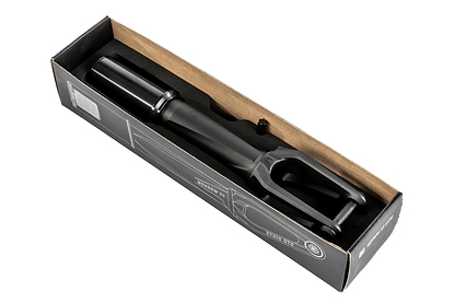 The Ethic DTC Merrow V3 IHC Stunt Scooter Fork - Black, made from durable aluminium 7075 and known as the lightest fork, is shown in an open box featuring simple black and white Ethic branding.