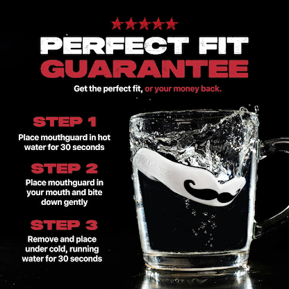 The Safejawz Extro Series Protection Mouthguard - Mo features a black mustache design on white and is shown splashing into water. Text highlights a Perfect Fit Guarantee and easy hot/cold water fitting for hi-impact protection.