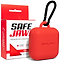 A Safejawz Premium Silicone Mouthguard Case in red, featuring a black carabiner, is displayed before its packaging, which highlights the Safejawz brand and the phrases “premium silicone mouthguard case” and “durable silicone.”.