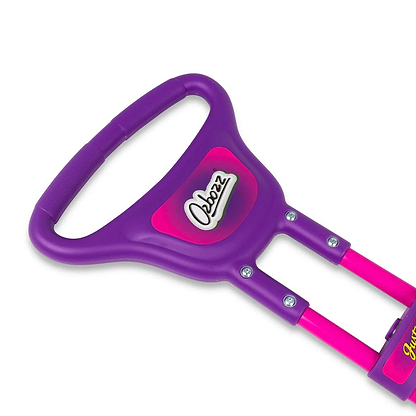 Close-up of the pink and purple handlebar with "Ozbozz" logo from the Ozbozz Kids 89cm Pogo Stick, shown against a white background.