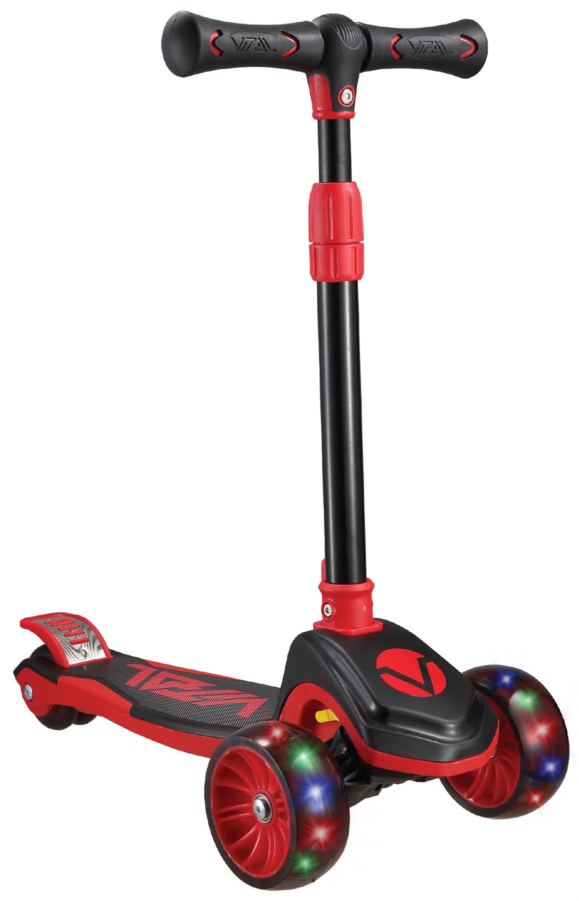 The Vital Tyke 3 Wheel Kids Scooter by Vital, shown in red with black details, features a T-shaped handlebar, adjustable seat, and LED-lit front wheels, displayed on a white background.