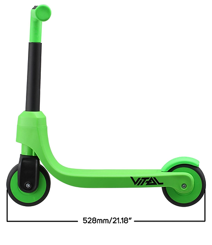 The Vital First Kids Scooter - Green / Black features a bright green frame, black wheels, handlebar, and "Vital" branding. Its 528mm (21.18”) length makes it perfect as a toddler scooter for little riders.