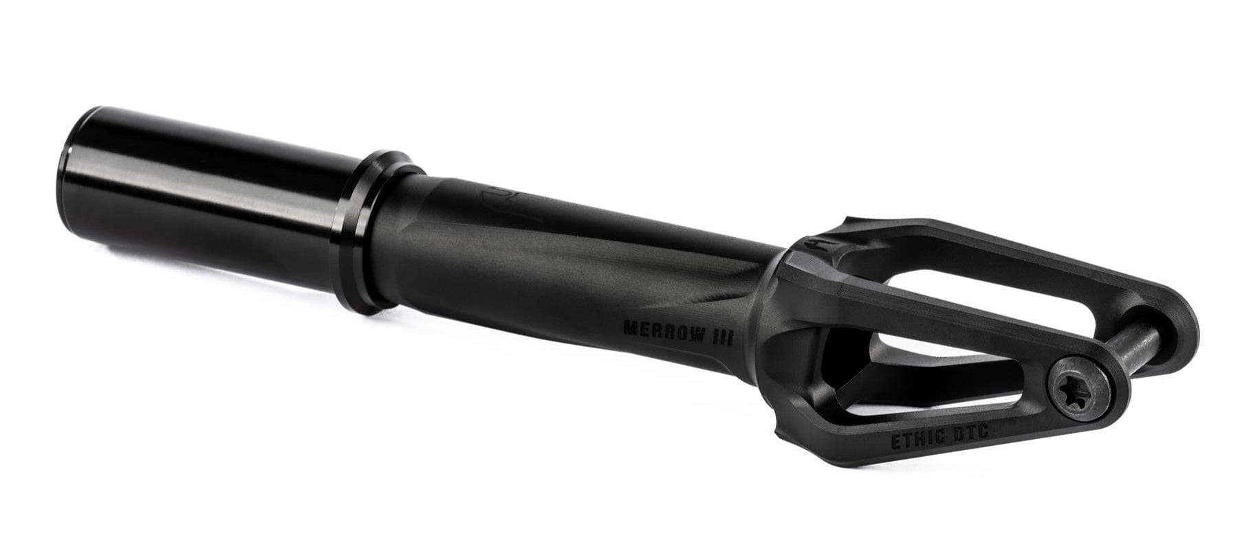 The Ethic DTC Merrow V3 IHC Stunt Scooter Fork in black is crafted from 7075 aluminium, features a smooth cylindrical tube with an open, angular pronged end and branded "MERROW III" and "ETHIC DTC" on the side—one of the lightest forks available.
