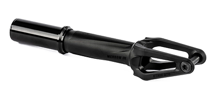 The Ethic DTC Merrow V3 IHC Stunt Scooter Fork in black is crafted from 7075 aluminium, features a smooth cylindrical tube with an open, angular pronged end and branded "MERROW III" and "ETHIC DTC" on the side—one of the lightest forks available.