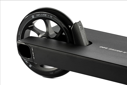 Close-up of the Ethic DTC Stunt Scooter 8 STD Fender V2 in black, highlighting the detailed rear wheel rim and integrated fender by Ethic DTC for enhanced stunt performance.