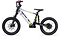 The Duo 18" Blitz Kids Electric Balance Bike in white and black features thick knobby tires, front and rear suspension, disc brakes, and green accents. Shown side profile on a white background. Brand: Duo.
