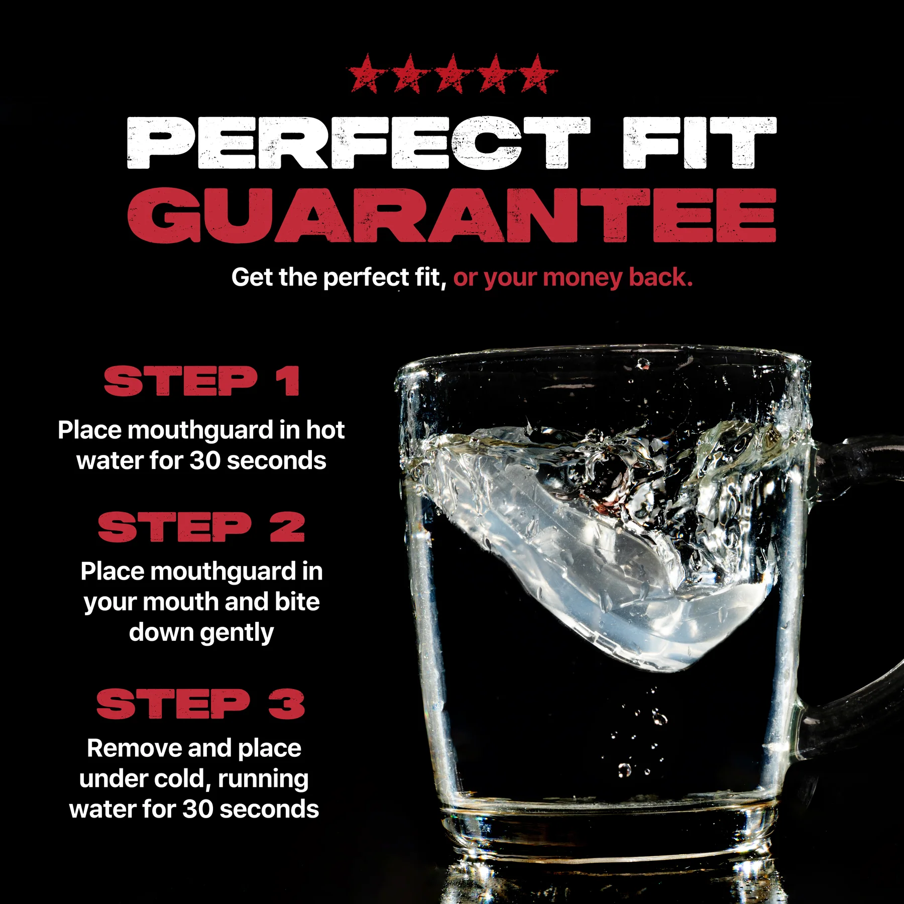 The Safejawz Intro Series Protection Mouthguard - Clear is shown in a glass of splashing water, with bold text describing 3 fitting steps for jaw stability and a “PERFECT FIT GUARANTEE” from Safejawz promising a refund if unsatisfied.