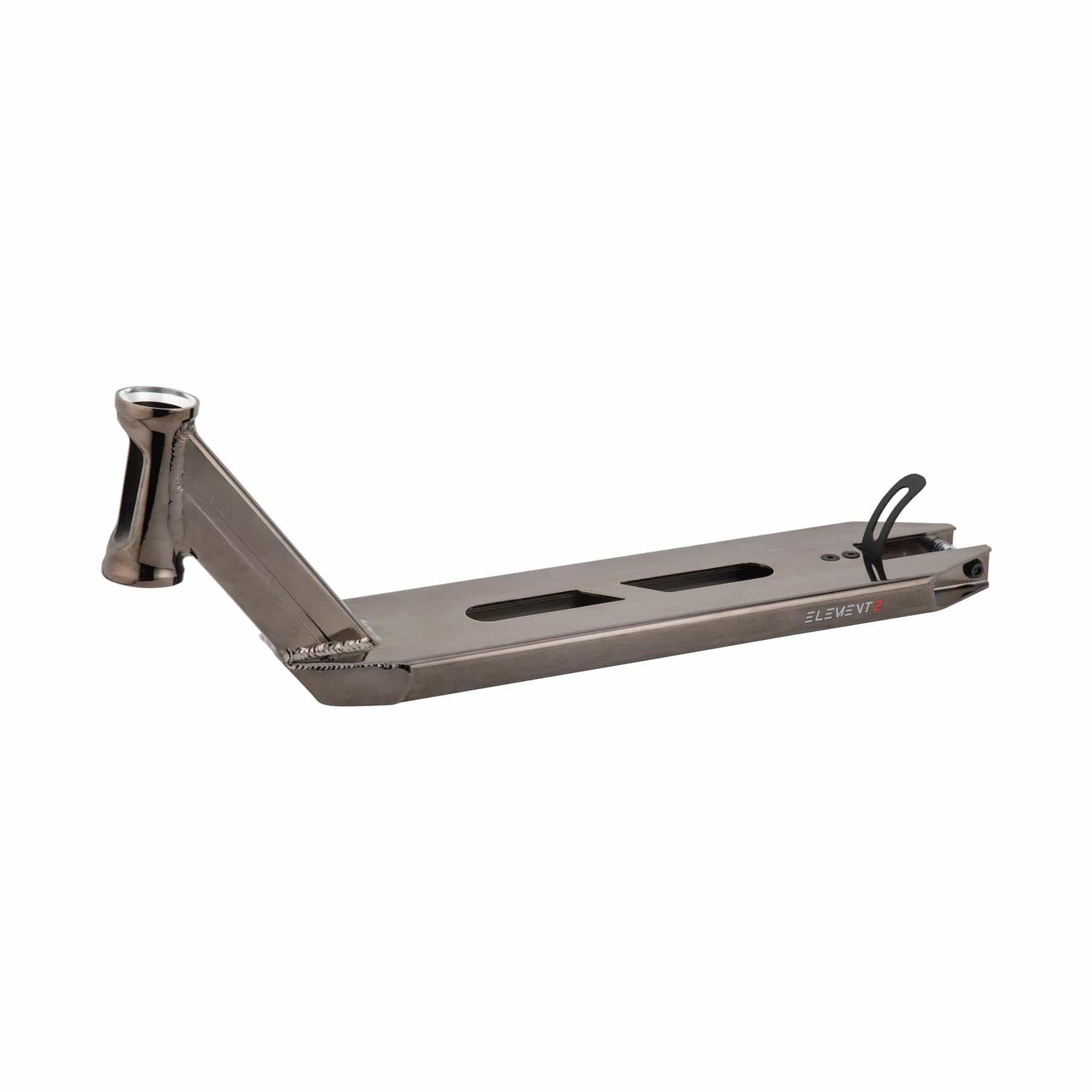 The Drone Element 2 Feather-Light Smoked Chrome Stunt Scooter Deck, measuring 4.5" x 19", features a sleek metallic design with cutouts for reduced weight and aesthetics. Perfect for beginners, it includes a reinforced neck, headtube, and rear brake, with the "Drone" brand name printed on the side.