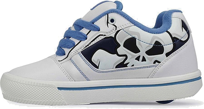 The Heelys Pro 25 V2 Prints Boys Shoes in white and blue by Heelys feature retro style, blue laces, a bold skull graphic on a dark blue panel, a white sole with blue stripe, and a wheel in the heel for classic 90s flair.