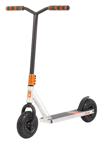 Introducing the Invert Supreme Taunt Dirt Scooter in Raw, Orange, and Green. This stunt scooter features a sleek black and silver design with vibrant orange handle grips and a matching orange clamp. It boasts an integrated headset, a large black front wheel, and a smaller rear wheel equipped with pneumatic tires for smooth rides across diverse terrains. Ideal for trick riding and urban commuting.