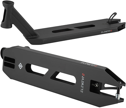 Two angles of the Drone Element 2 Evo Feather-Light Black Stunt Scooter Deck - 4.5" show its sleek cutout design and rear metal brake—ideal for lightweight park setups. Brand: Drone.