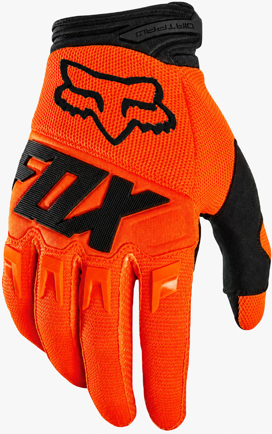 The FOX Dirtpaw Skate Protection Gloves - Orange by FOX feature a bright orange design with black accents, the Fox logo on the back, armoured knuckle styling, and protective padding on knuckles and fingers.