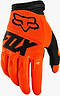 The FOX Dirtpaw Skate Protection Gloves - Orange by FOX feature a bright orange design with black accents, the Fox logo on the back, armoured knuckle styling, and protective padding on knuckles and fingers.