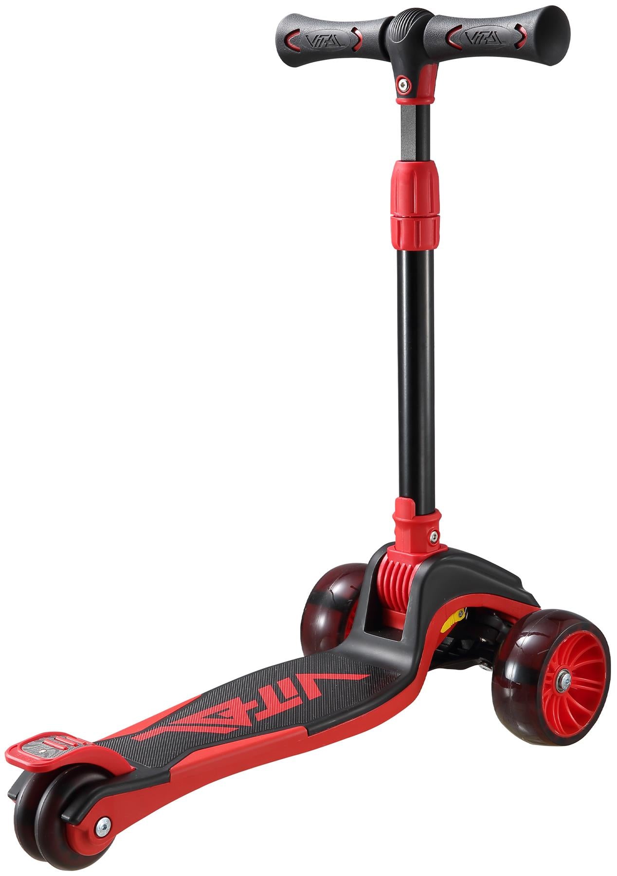 The Vital Tyke 3 Wheel Kids Scooter - Red by Vital features two front wheels, a wide deck, and an adjustable T-shaped handlebar—ideal as a first scooter for young riders.
