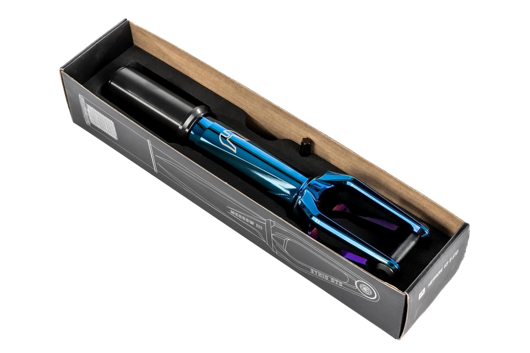The Ethic DTC Merrow V3 IHC Stunt Scooter Fork in Chrome Blue, one of the lightest 7075 aluminium forks, comes in a black box featuring a simple line fork drawing.