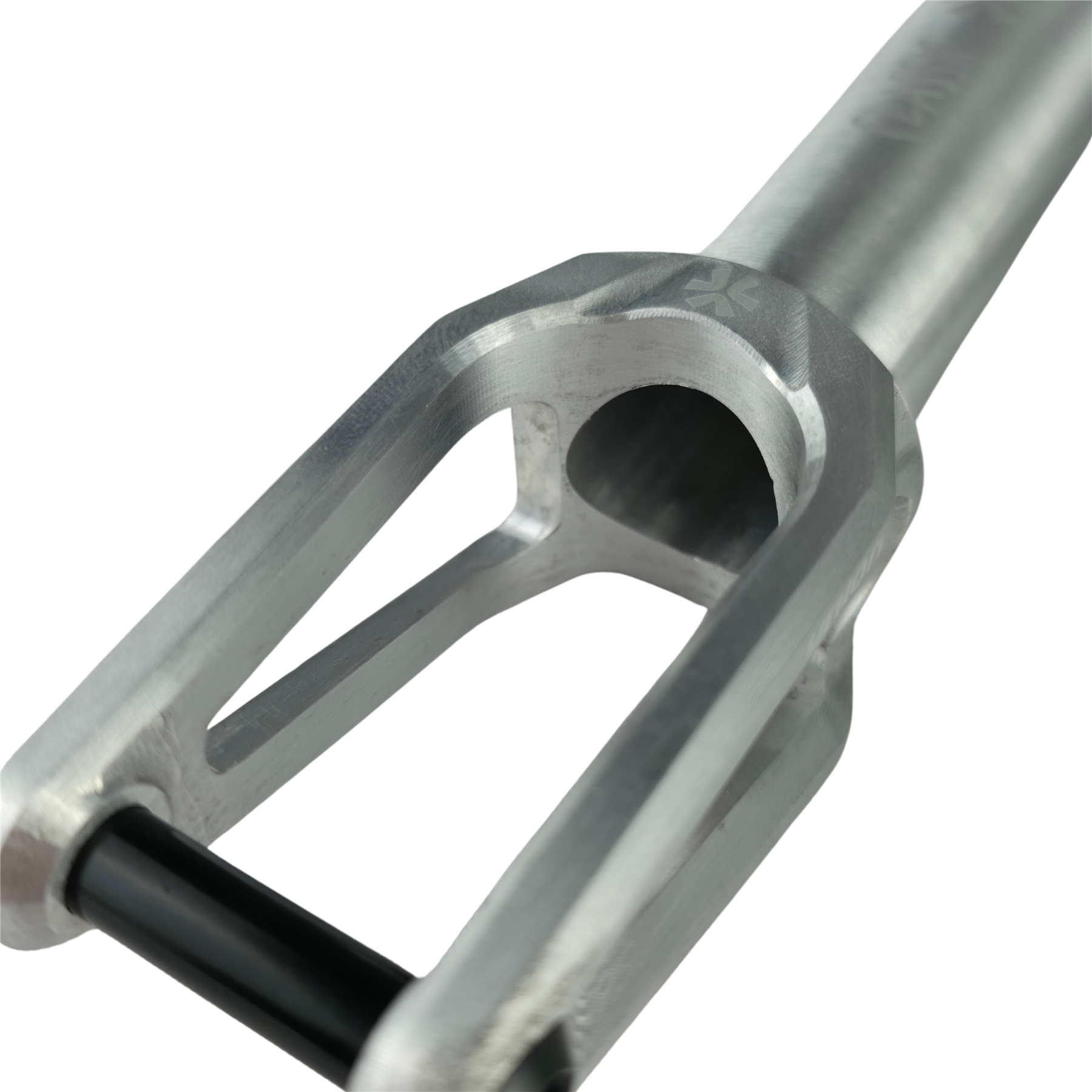 A close-up of the Union Classic Lightweight HIC/SCS Stunt Scooter Fork in polished aluminum highlights its sleek design and sturdy build, making it ideal for high-performance stunt riders.