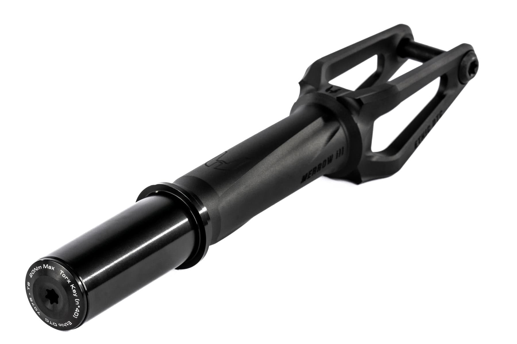 The Ethic DTC Merrow V3 IHC Stunt Scooter Fork in black by Ethic is a lightweight, 7075 aluminium fork with a modern design featuring dual prongs and a cylindrical end, shown isolated on a white background.
