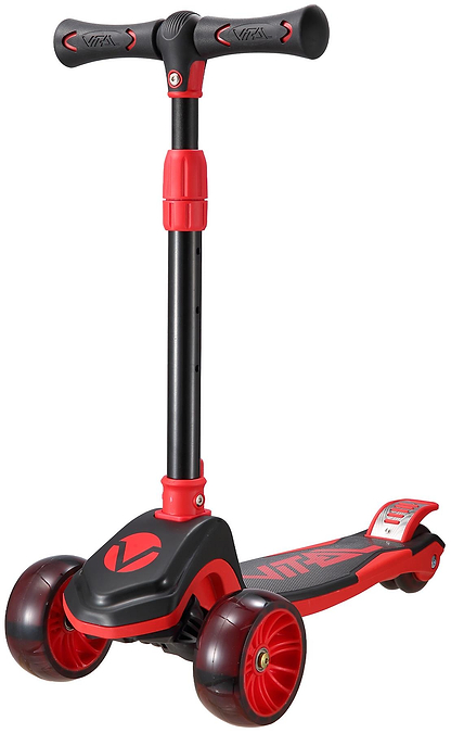 The Vital Tyke 3 Wheel Kids Scooter - Red by Vital features an adjustable handlebar, wide deck, and two large front wheels for stability—ideal as a first scooter for young riders.