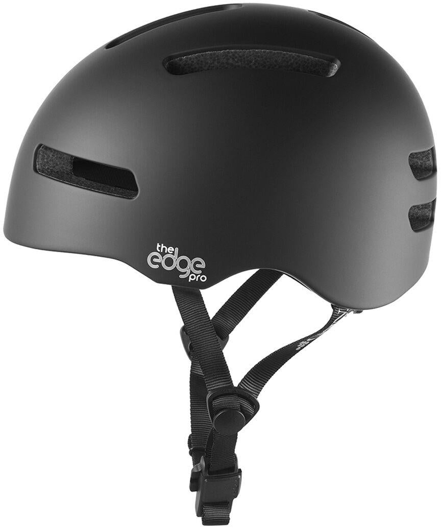 The GAIN Protection The Edge Pro Skate/Scooter Helmet in black features a matte finish, featherlight in-mould tech, ventilation slots, an adjustable chin strap with Fidlock magnetic buckle, and the "the edge pro" logo on the side.
