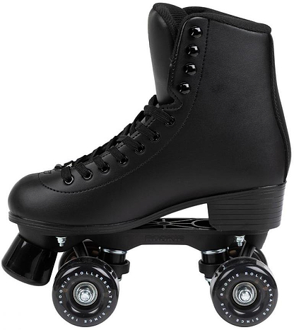 The Rookie Classic 78 Quad Roller Skates - Black by Rookie feature a high boot design, black laces, and black wheels—ideal for classic skate enthusiasts. Shown side view on a white background.