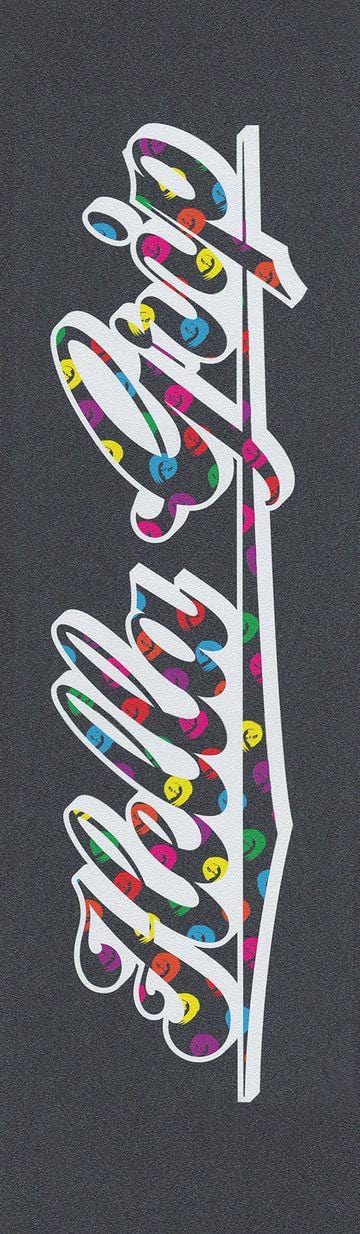 The image features the Hella Grip Classic XL Stunt Scooter Griptape - XL Sloth Dot Rainbow, with "good" in white cursive outlined by colorful smiley faces, echoing Hella Grip’s signature style on a dark gray background.