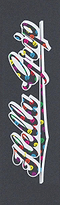 The image features the Hella Grip Classic XL Stunt Scooter Griptape - XL Sloth Dot Rainbow, with "good" in white cursive outlined by colorful smiley faces, echoing Hella Grip’s signature style on a dark gray background.