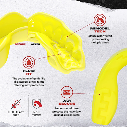The Safejawz Intro Series Protection Mouthguard in Fluro Yellow features remodel tech for custom fit, fluid fit for protection, and jaw secure design. Icons confirm it’s phthalate-free and non-toxic, with "Before/After" fit comparison shown.