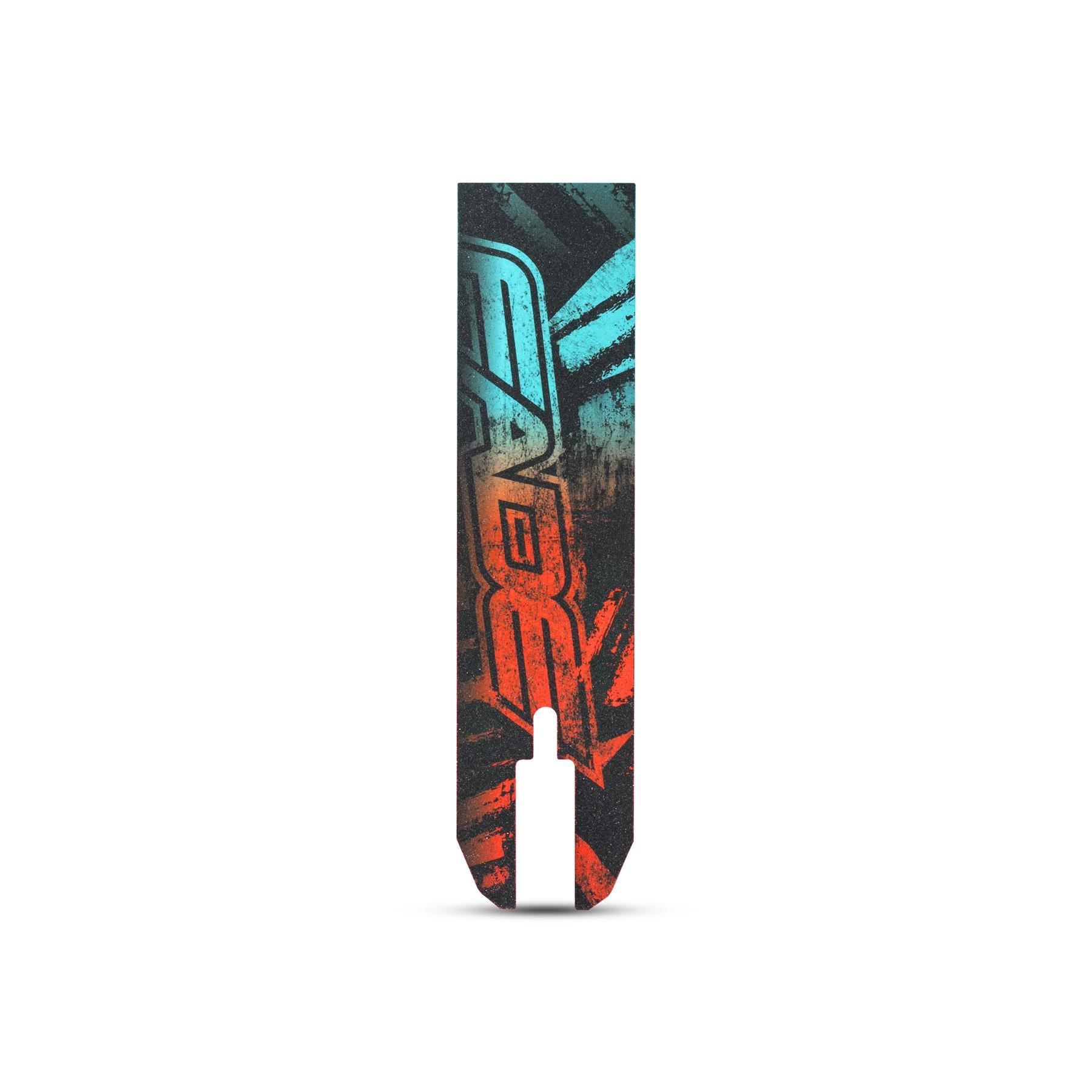 A close-up of the Legacy Fade Complete Stunt Scooter - Blue / Red by Legacy, showing bold graffiti-style text in blue and orange on a black, rectangular deck with a notched end, centered on a white surface.