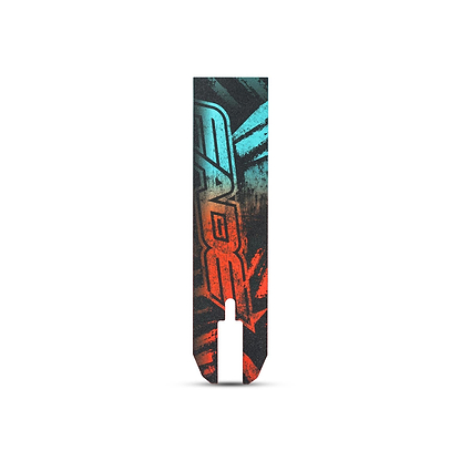 A close-up of the Legacy Fade Complete Stunt Scooter - Blue / Red by Legacy, showing bold graffiti-style text in blue and orange on a black, rectangular deck with a notched end, centered on a white surface.